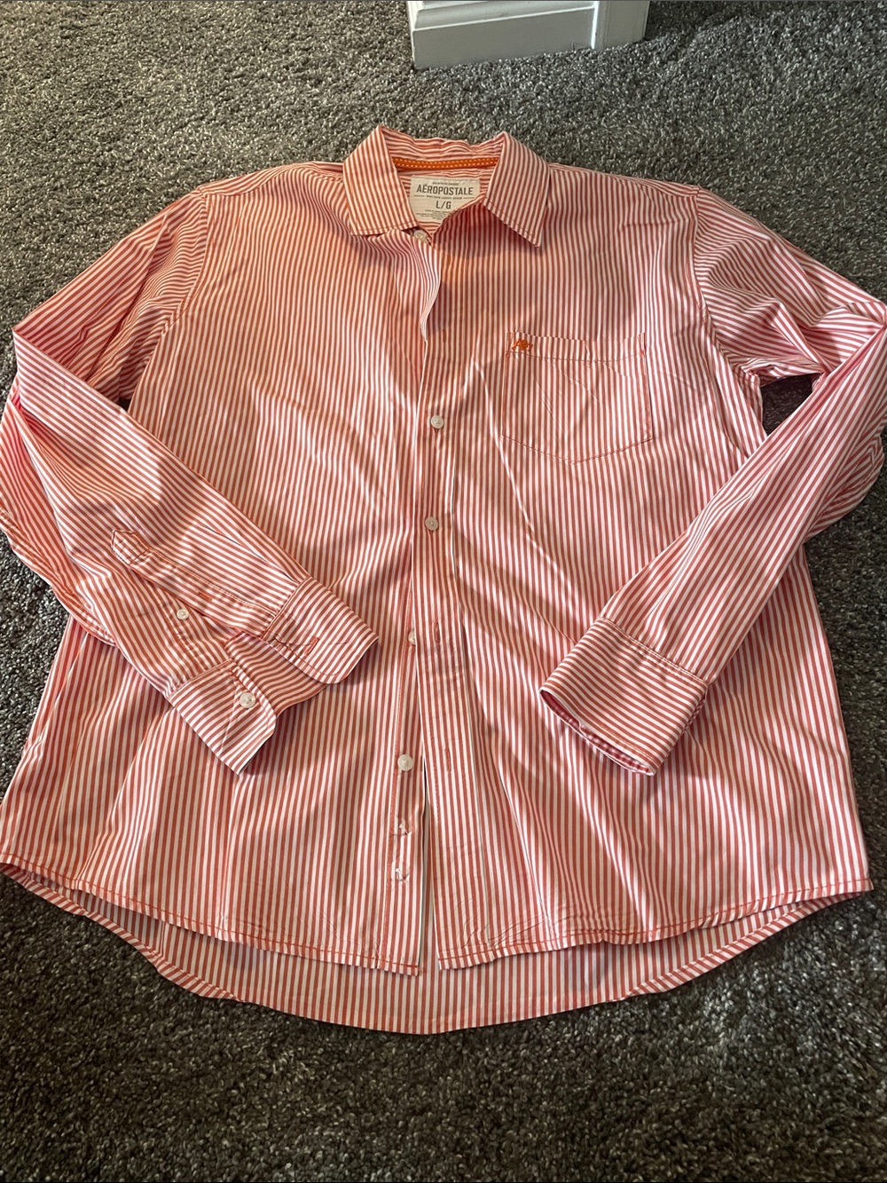 Aeropostale Men's Coral and White Striped Button-Up Shirt